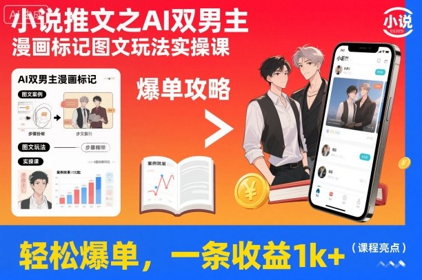 小说推文之AI双男主漫画标记图文玩法实操课，轻松爆单，一条收益1k+-星玥资源网