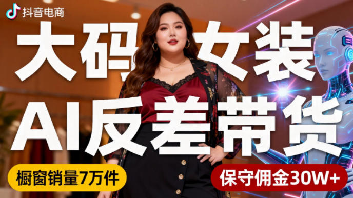 抖音小众赛道，大码女装AI反差带货，不用直播，每天6条作品，橱窗卖7万件，保守佣金30W+-星玥资源网