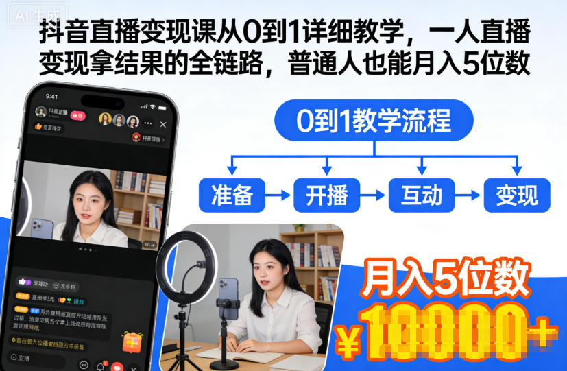 抖音直播变现课从0到1详细教学，一人直播变现拿结果的全链路，普通人也能月入5位数-星玥资源网