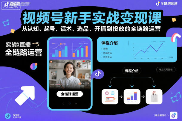 视频号新手实战变现课，从认知、起号、话术、选品、开播到投放的全链路运营-星玥资源网