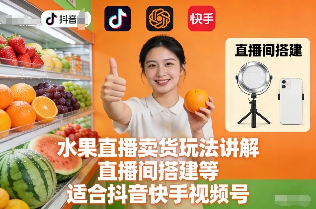 水果直播卖货玩法讲解、直播间搭建等，适合抖音快手视频号-星玥资源网