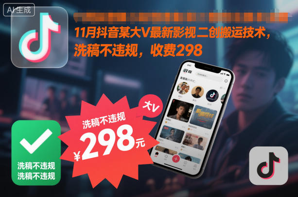 11月抖音某大V最新影视二创搬运技术，洗稿不违规，收费298-星玥资源网